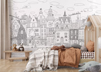 Cat cityscape wall mural above a canopy house-frame bed with panda plush and rust throw GD12396