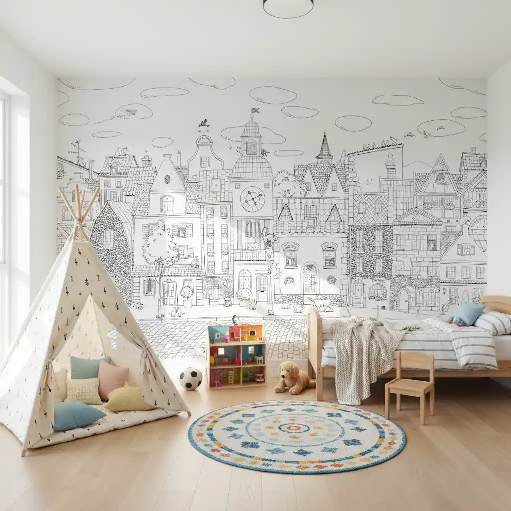 Cat cityscape wall mural behind a teepee tent and colourful round rug in a kids room GD12396