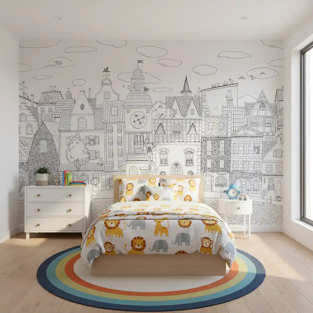Line-art cityscape mural above a bed with safari animal bedding and a rainbow oval rug GD12396