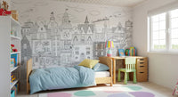 Line-art city mural in a kids bedroom with blue bedding, wooden desk and pastel petal rug GD12396