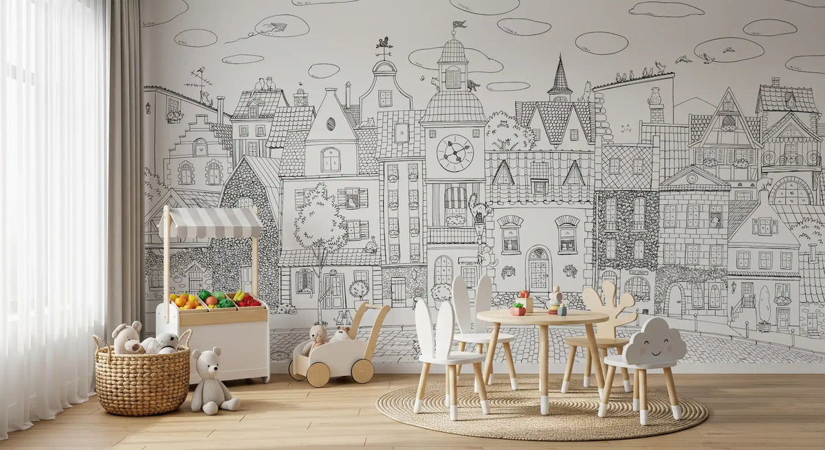 Monochrome city mural in a playroom with white table, cloud chairs and toy storage bins GD12396