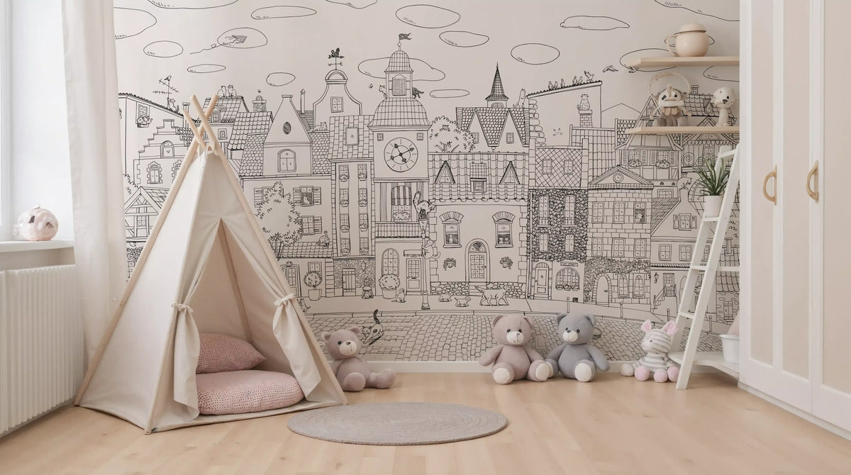 Cat cityscape wall mural framing a white teepee tent and plush bunnies on a jute round rug GD12396