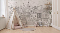 Cat cityscape wall mural framing a white teepee tent and plush bunnies on a jute round rug GD12396
