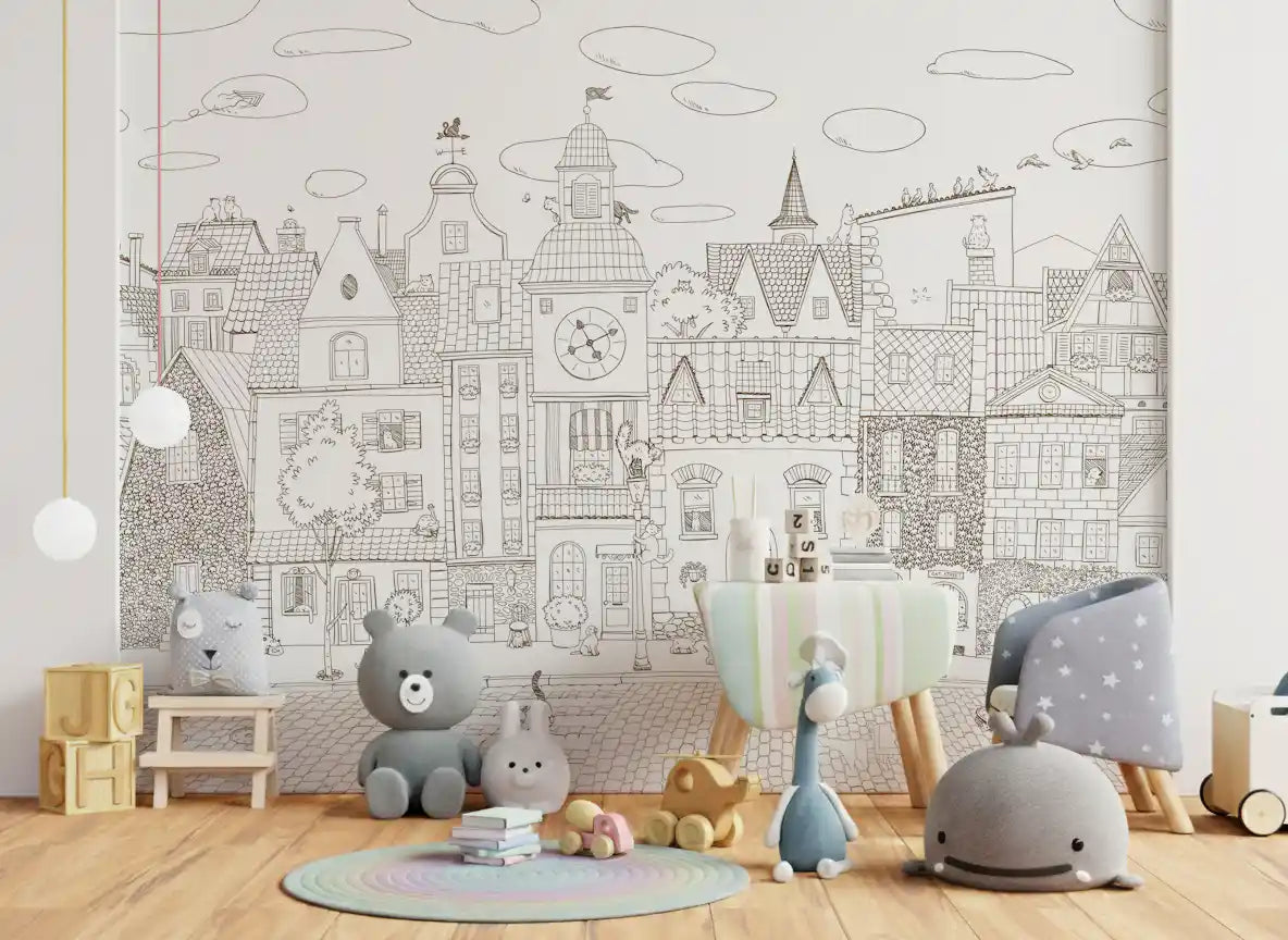 Cat village wall mural in a playroom with a teal bench and plush sea animal toys GD12397