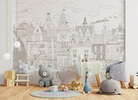 Cat village wall mural in a playroom with a teal bench and plush sea animal toys GD12397
