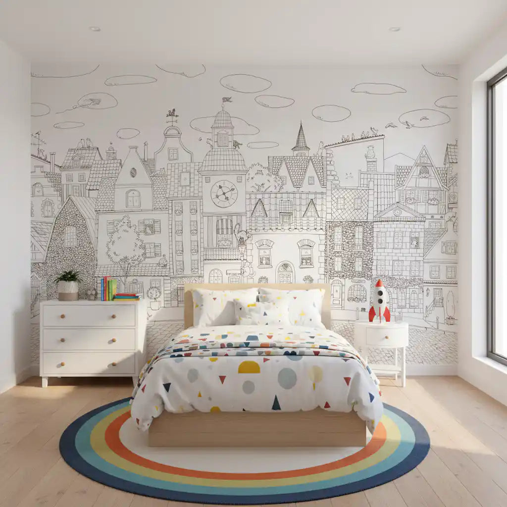 Line-art village mural behind a bed with confetti dot bedding and a rocket toy nightstand GD12397