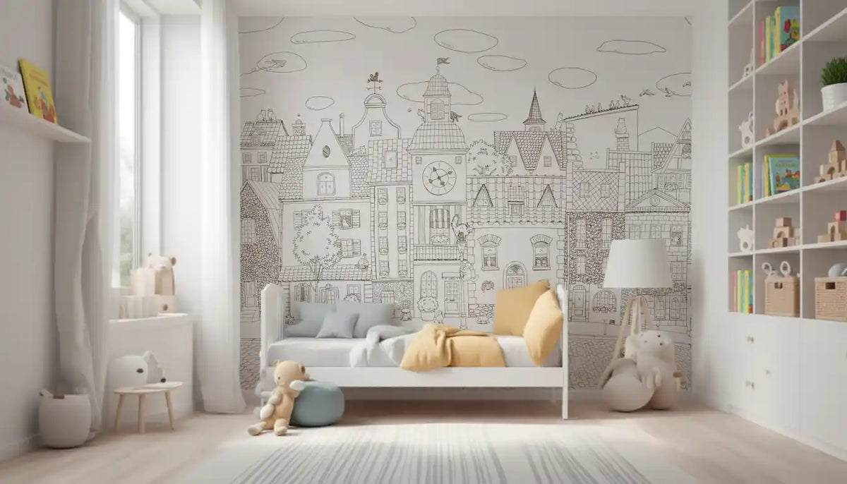 Line-art village scene mural above a white bed with yellow cushions and open shelving GD12397