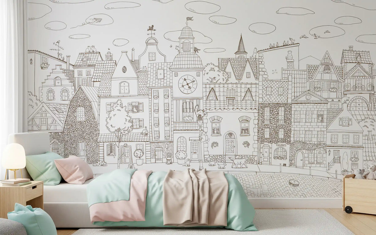 Cat village scene wall mural in a kids room with mint and pink bedding and a blue nightstand GD12397