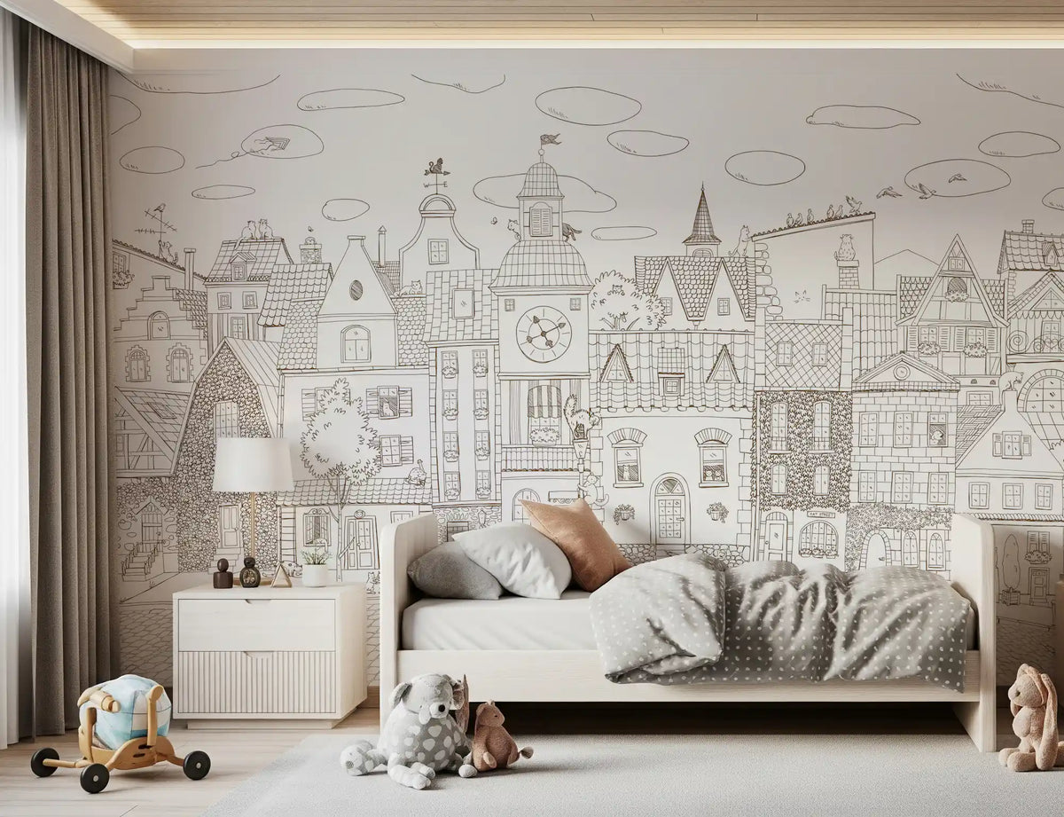 Cat village wall mural behind a bed with grey bedding, a wooden horse and panda plush GD12397