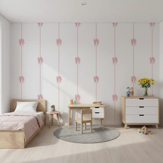 Soft pink bow wallpaper behind a wooden single bed with pink bedding and a play table GD12406