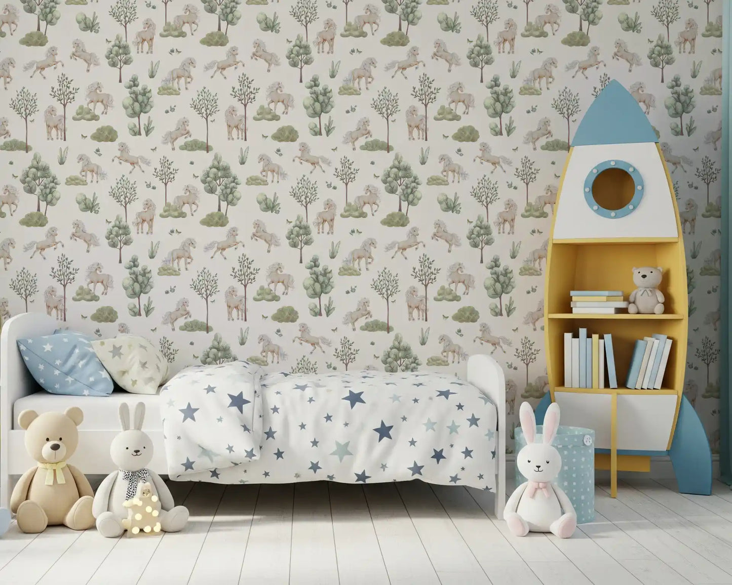Bosbehang met galopperende pony’s