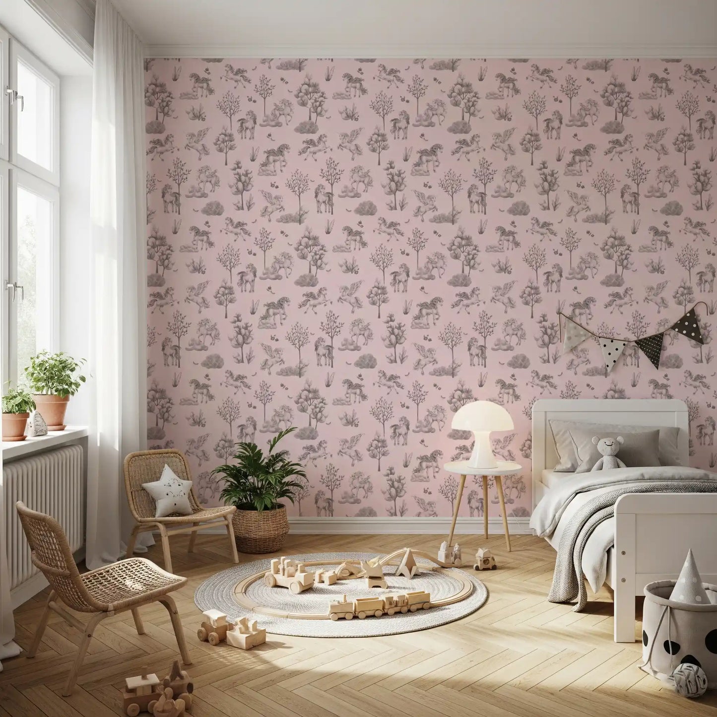 Betoverd eenhoornbos in blushbeige behang afdrukken