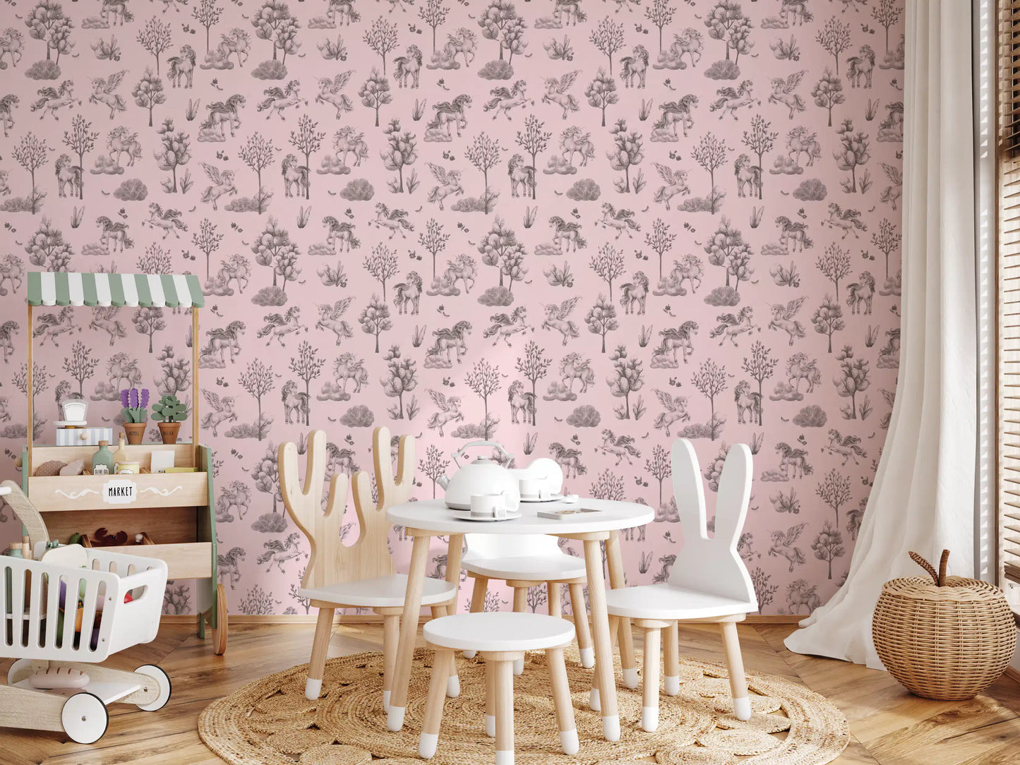 Betoverd eenhoornbos in blushbeige behang afdrukken