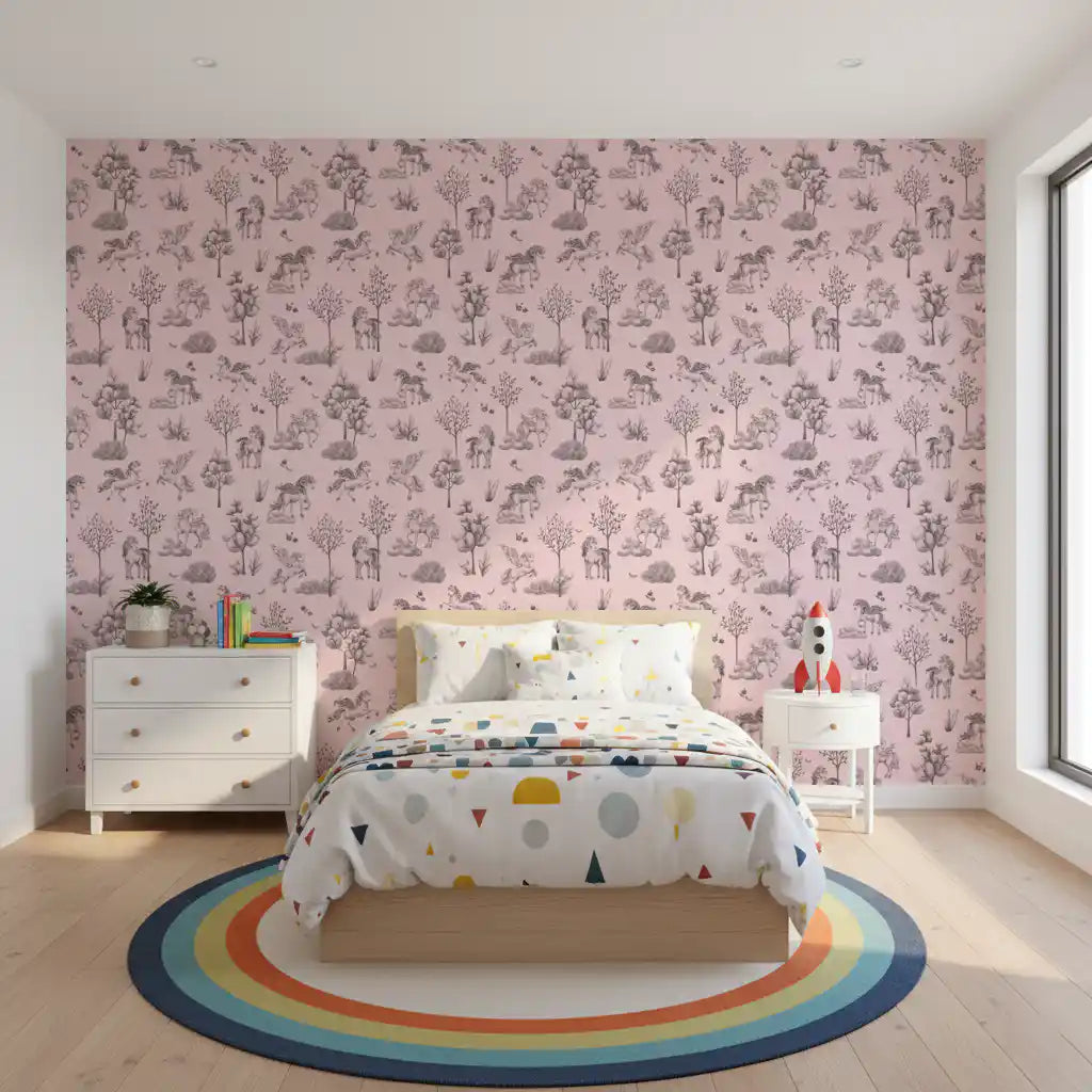 Betoverd eenhoornbos in blushbeige behang afdrukken