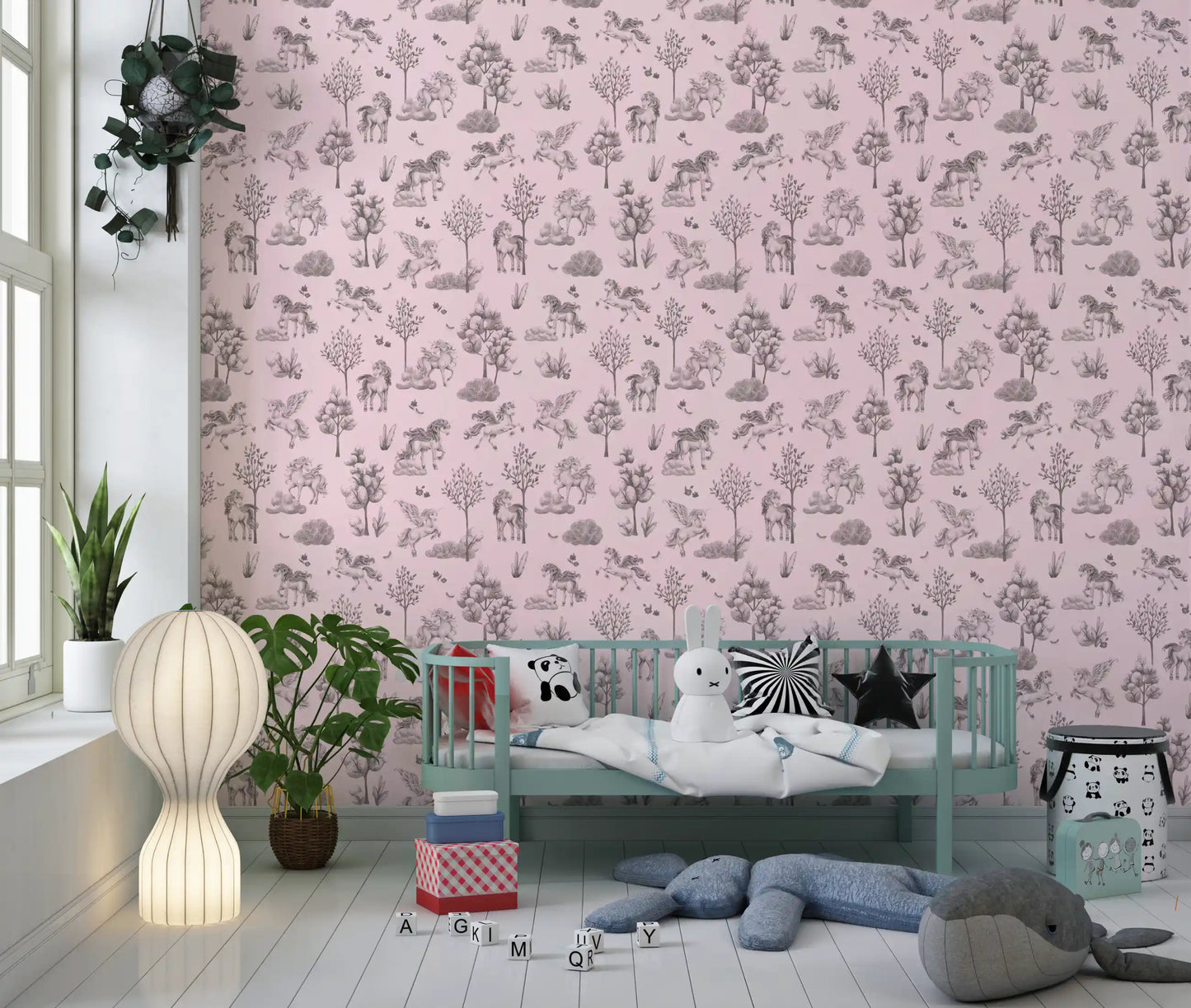 Betoverd eenhoornbos in blushbeige behang afdrukken
