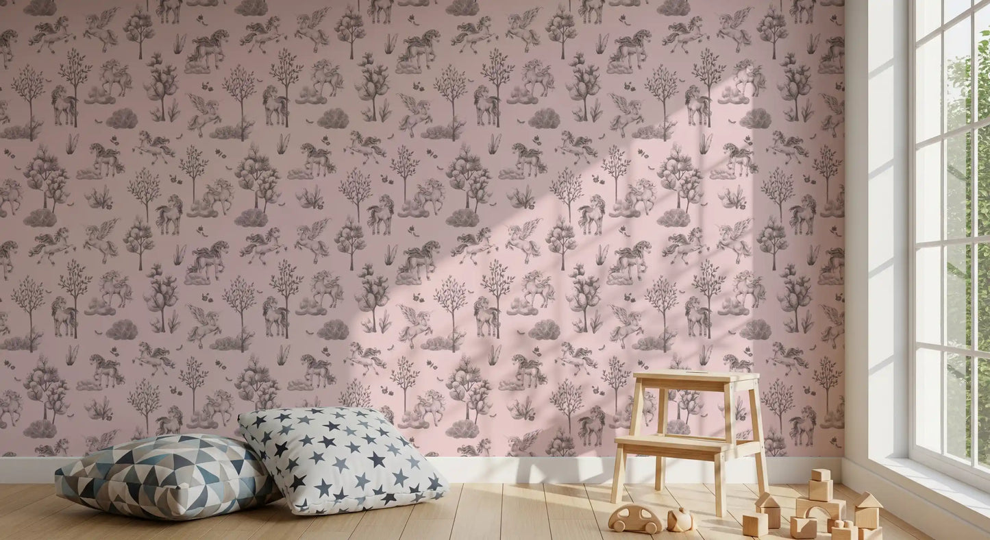 Betoverd eenhoornbos in blushbeige behang afdrukken