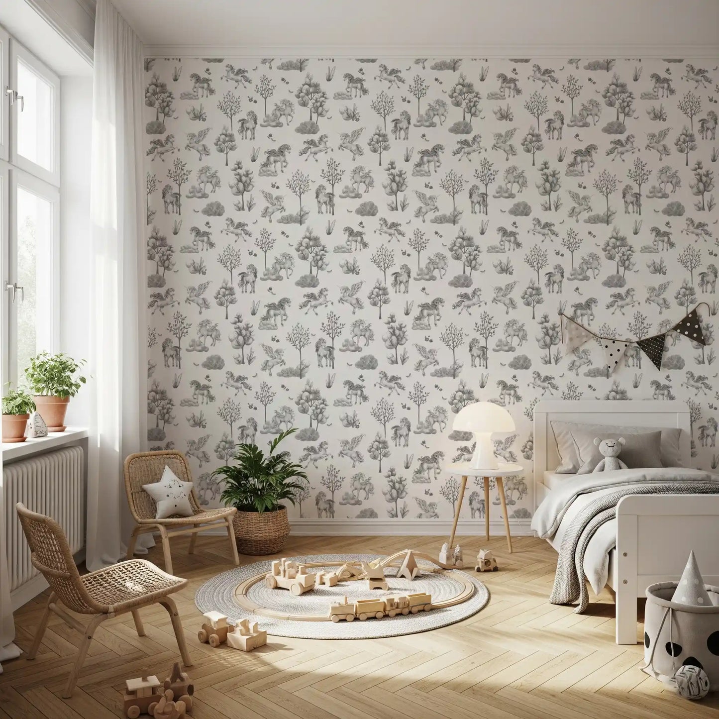 Monochrome behang met betoverende bosdieren