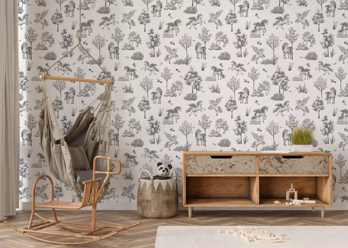 Monochrome behang met betoverende bosdieren