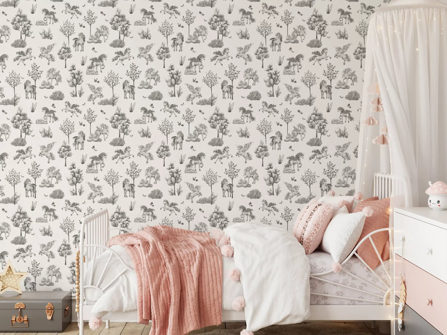 Monochrome behang met betoverende bosdieren