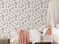Monochrome behang met betoverende bosdieren