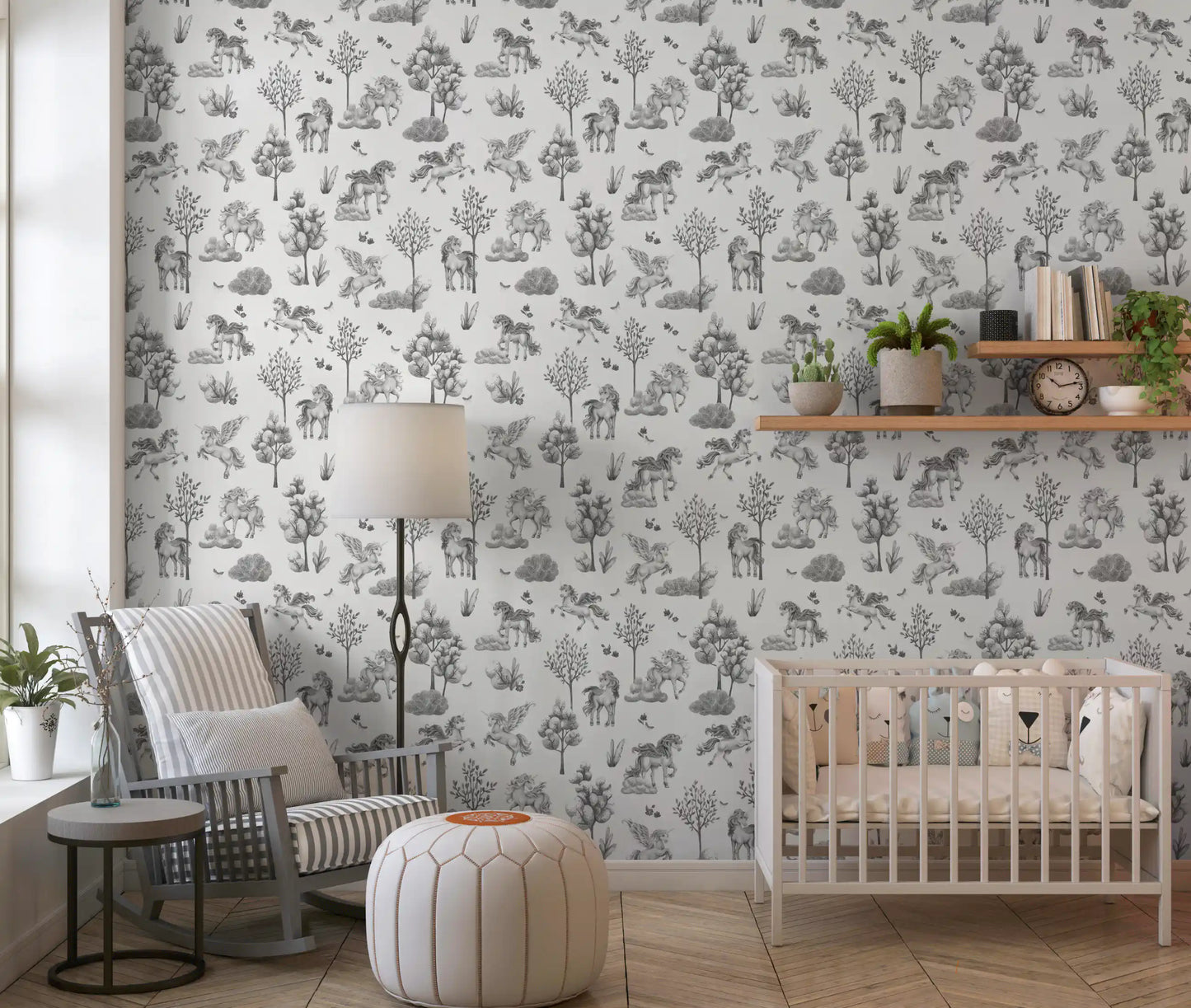 Monochrome behang met betoverende bosdieren
