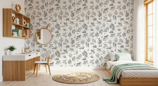 Monochrome behang met betoverende bosdieren