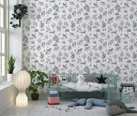 Monochrome behang met betoverende bosdieren