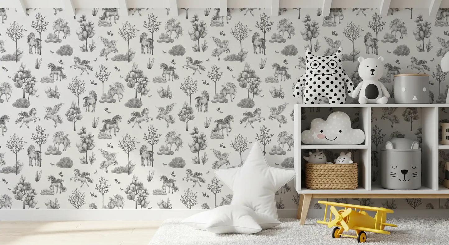 Monochrome behang met betoverende bosdieren