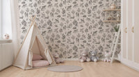 Monochrome behang met betoverende bosdieren