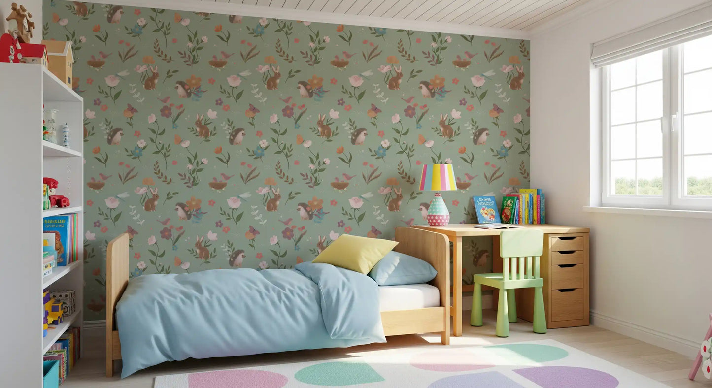 Behang met bosvriendjes en een bloemenweide