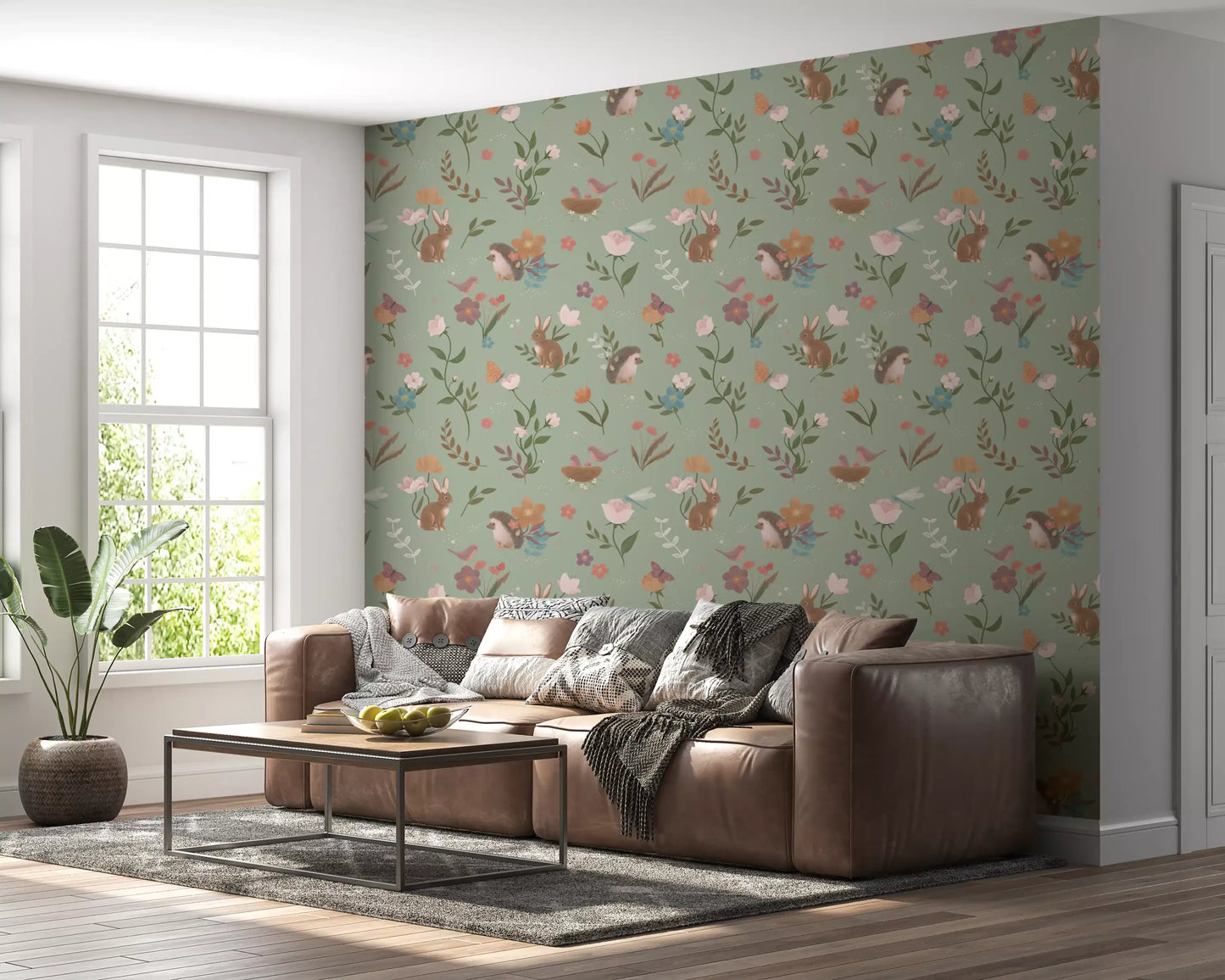 Behang met bosvriendjes en een bloemenweide
