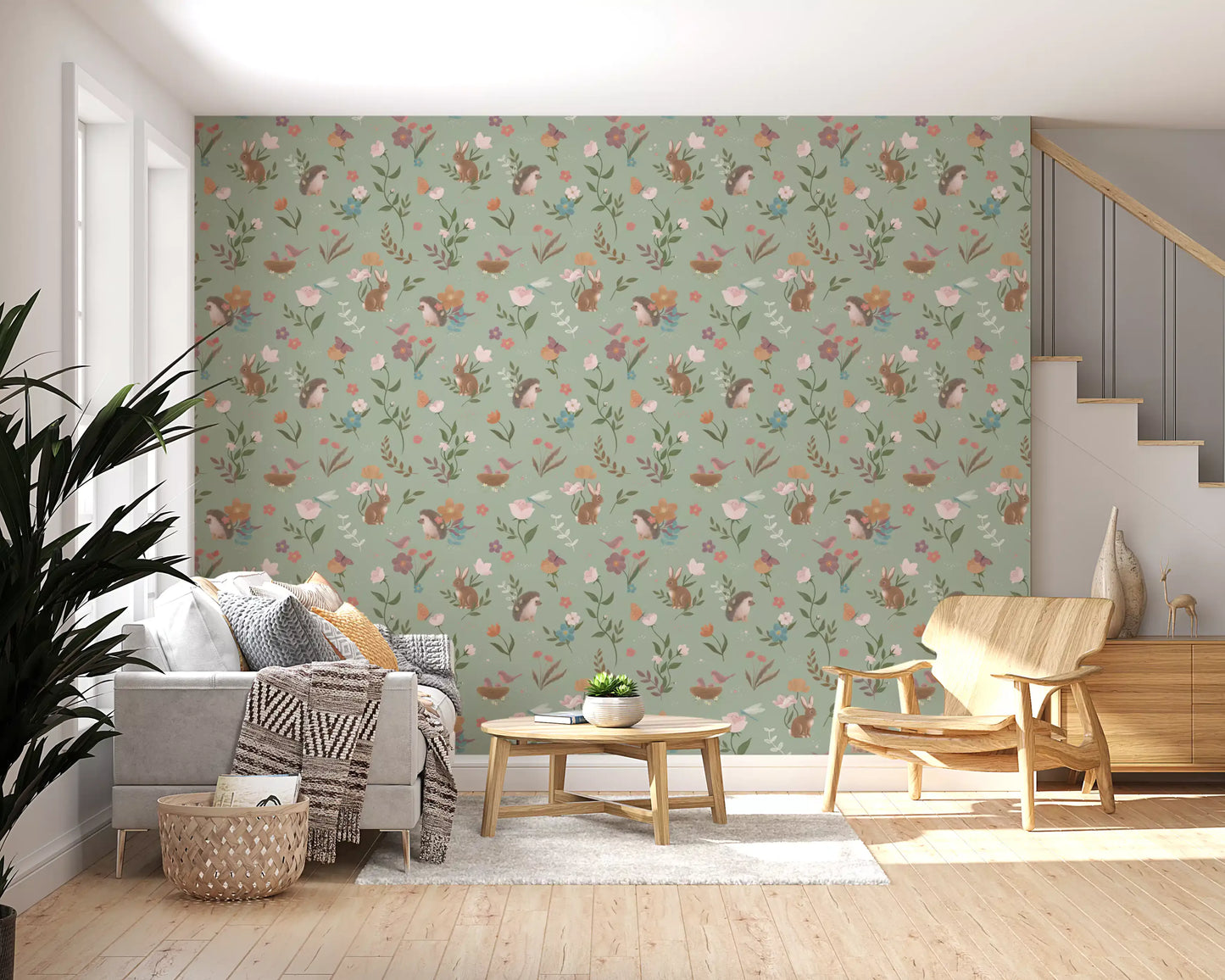 Behang met bosvriendjes en een bloemenweide