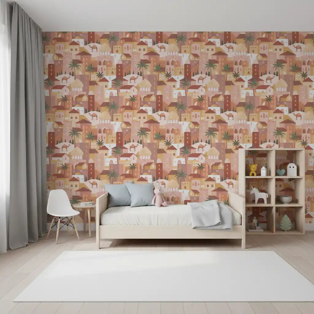 Behang met palmboomgaardmotief van de oude stad