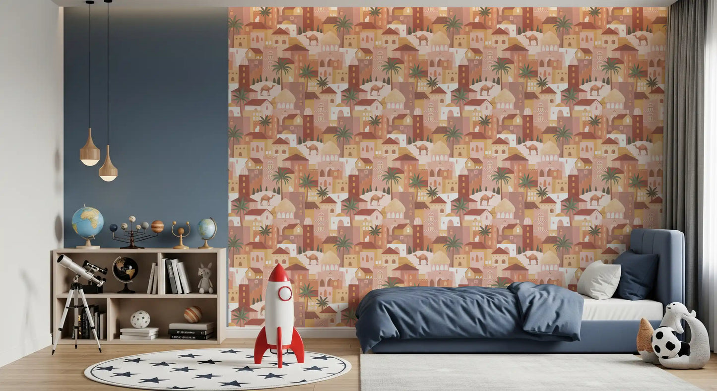 Behang met palmboomgaardmotief van de oude stad