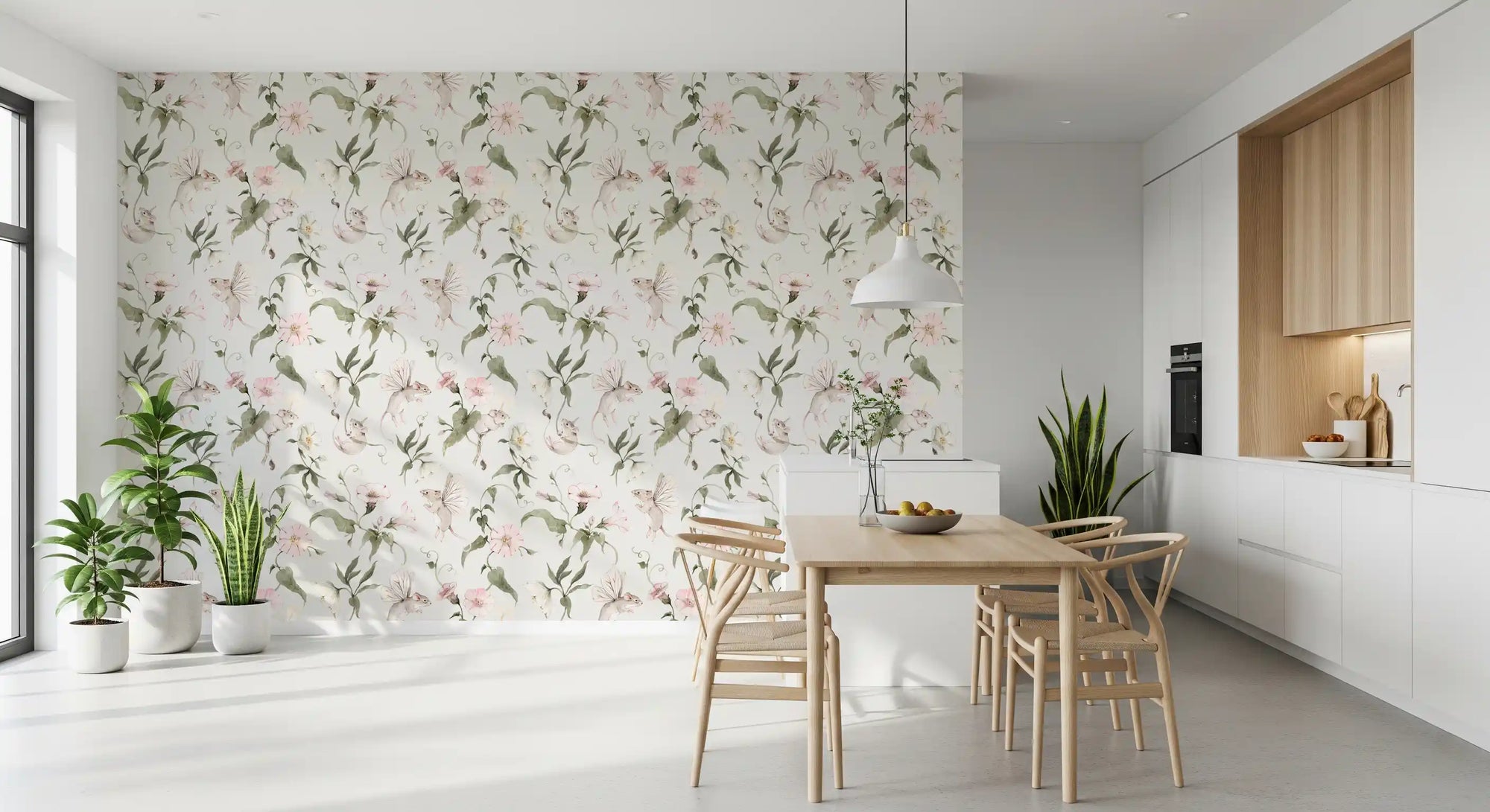 Papier peint représentant une prairie florale enchantée avec des fées⁠