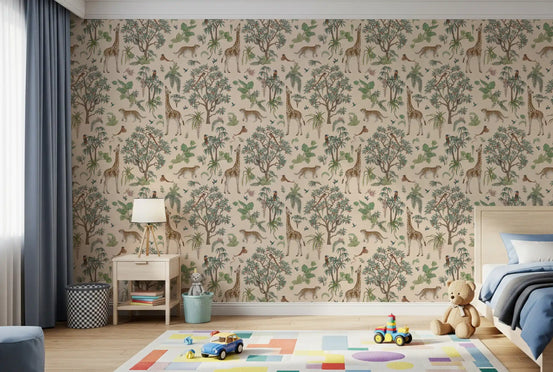 Papier peint safari, faune sauvage et jungle, motif esquissé
