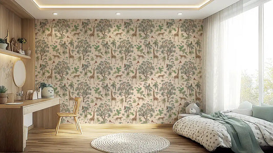 Safari wildlife jungle sketch wallpaper in a kids room with a wooden vanity and round jute rug GD12432