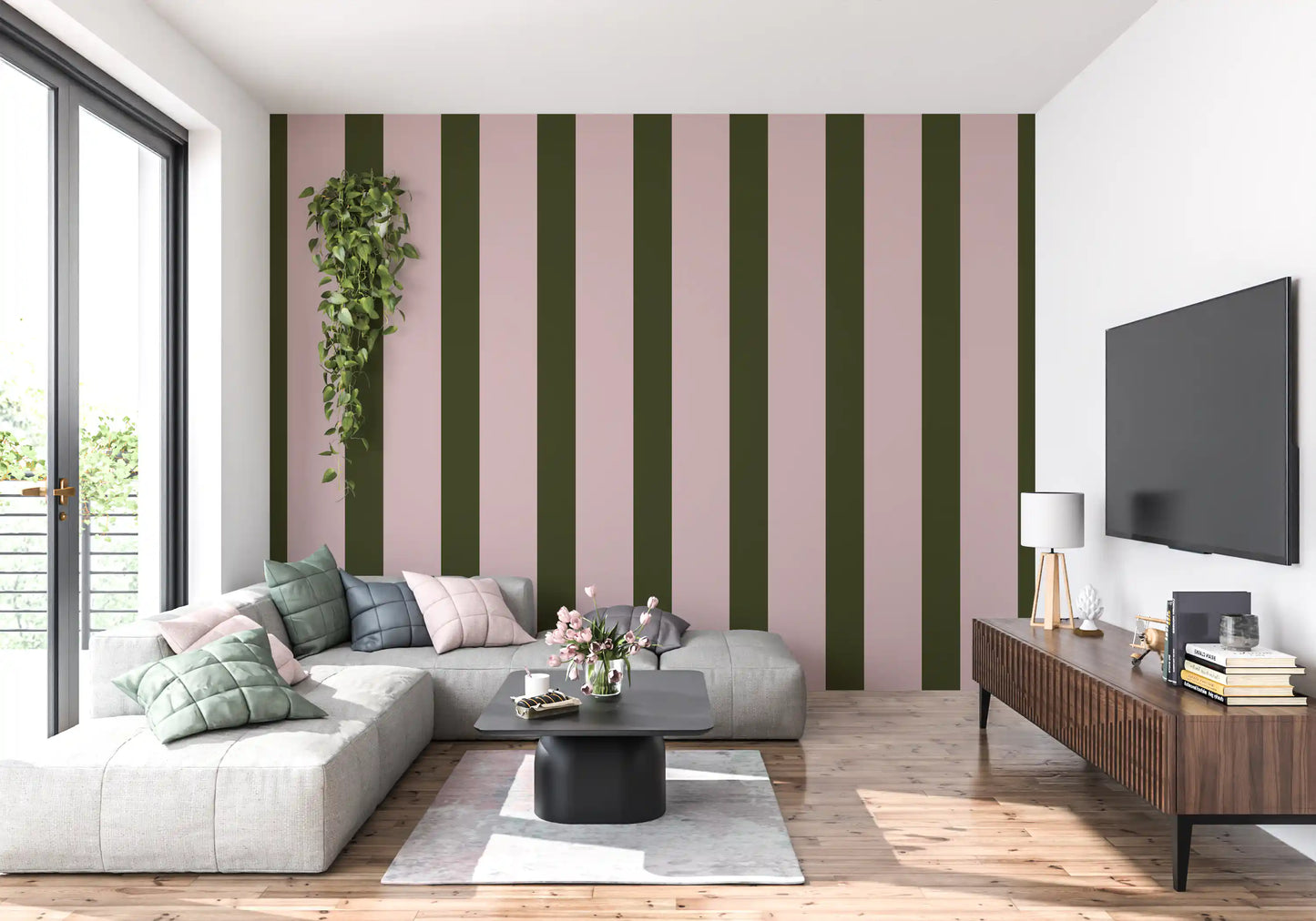 Carta da parati a righe verticali verde oliva e rosa cipria