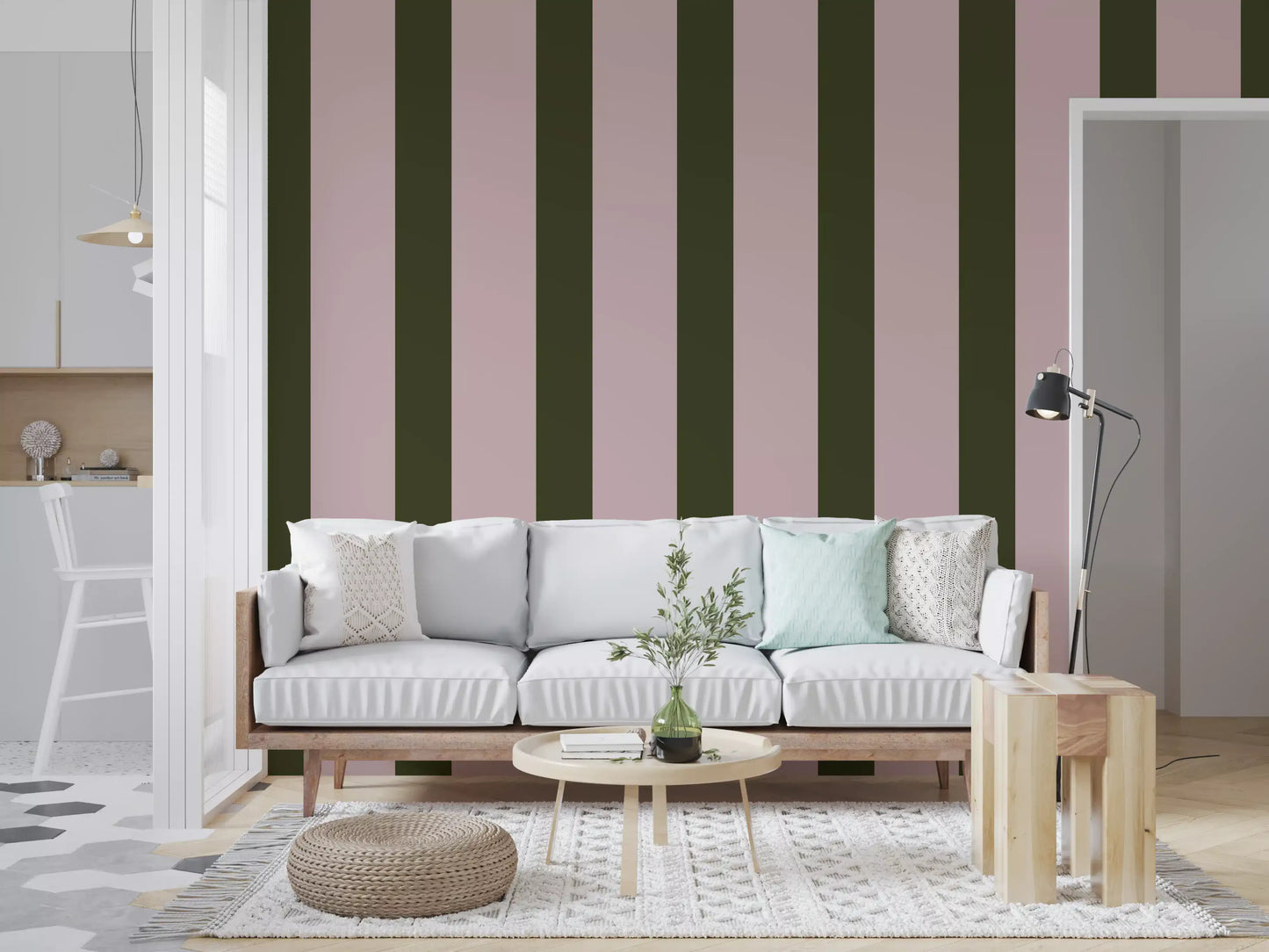 Carta da parati a righe verticali verde oliva e rosa cipria