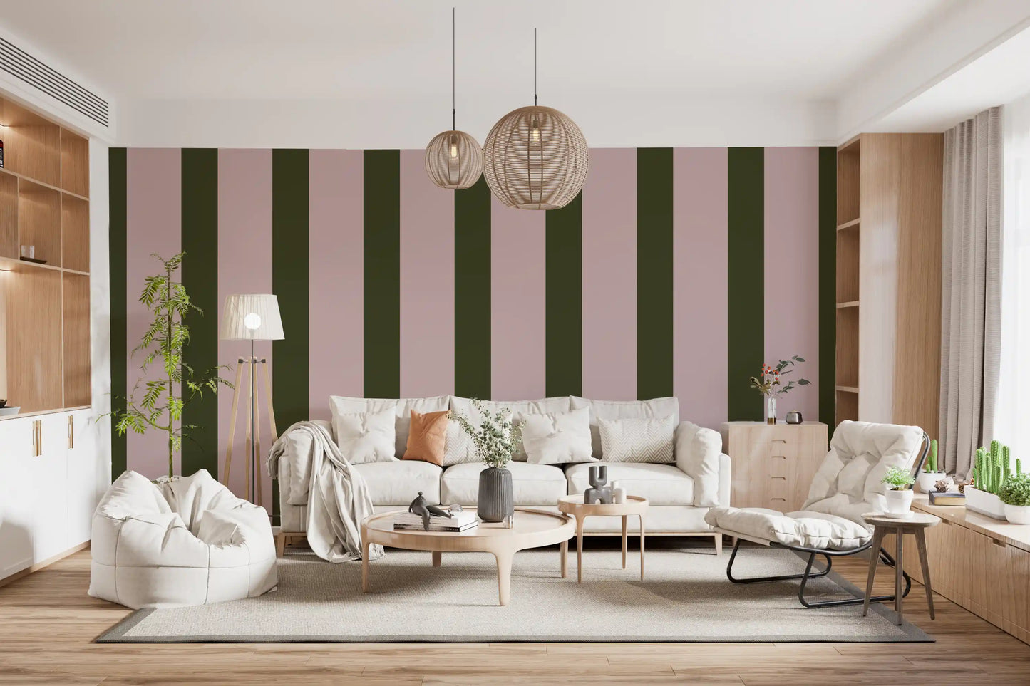 Carta da parati a righe verticali verde oliva e rosa cipria