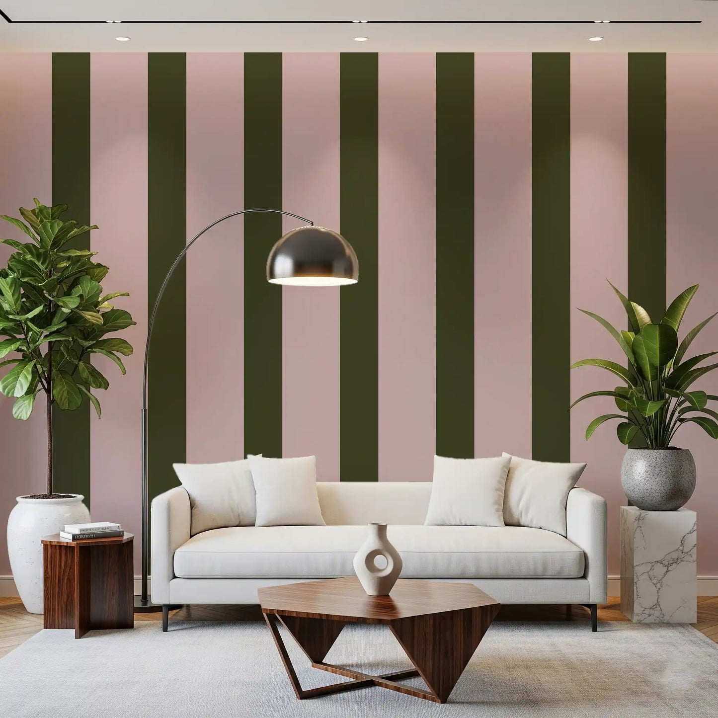 Carta da parati a righe verticali verde oliva e rosa cipria