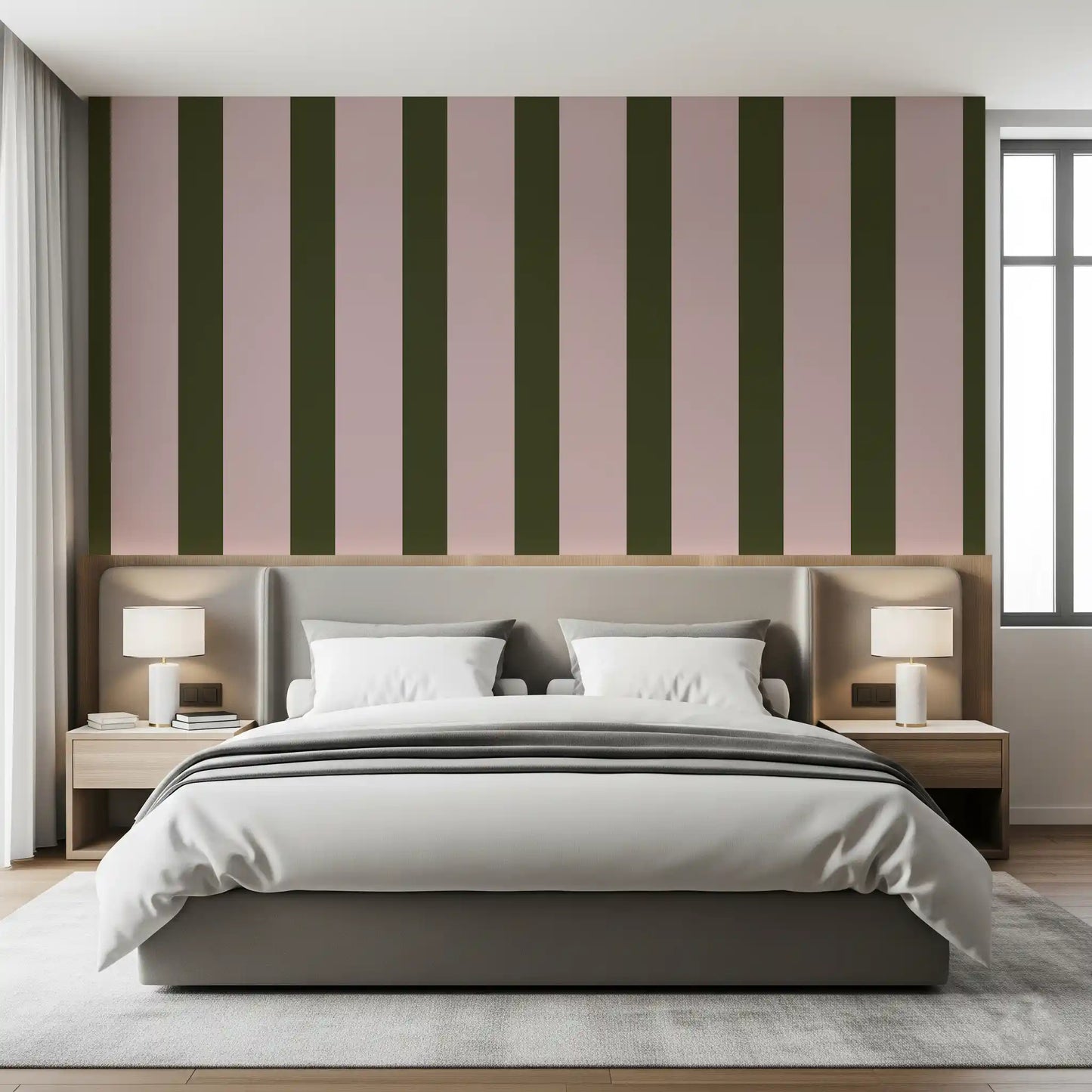 Carta da parati a righe verticali verde oliva e rosa cipria