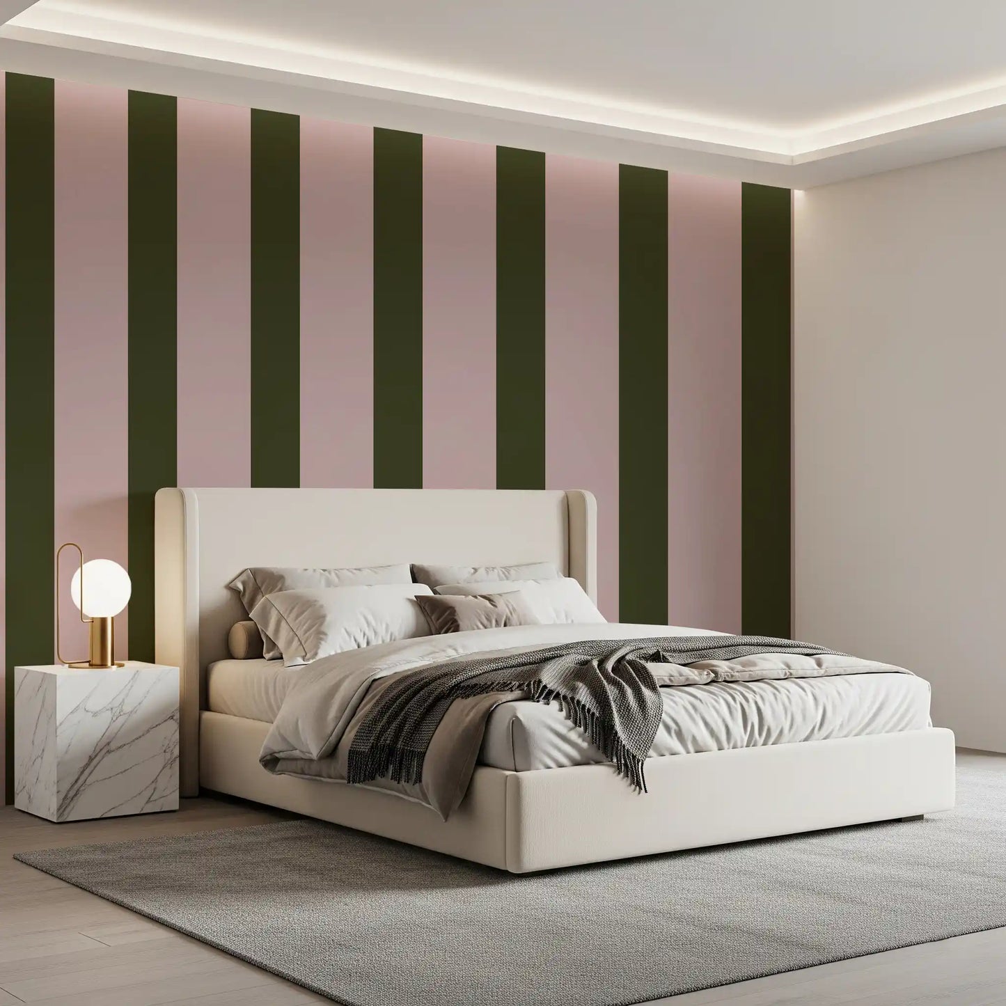 Carta da parati a righe verticali verde oliva e rosa cipria