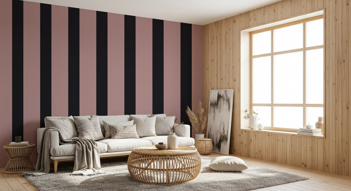 Papel pintado de rayas en gris carbón y rosa empolvado