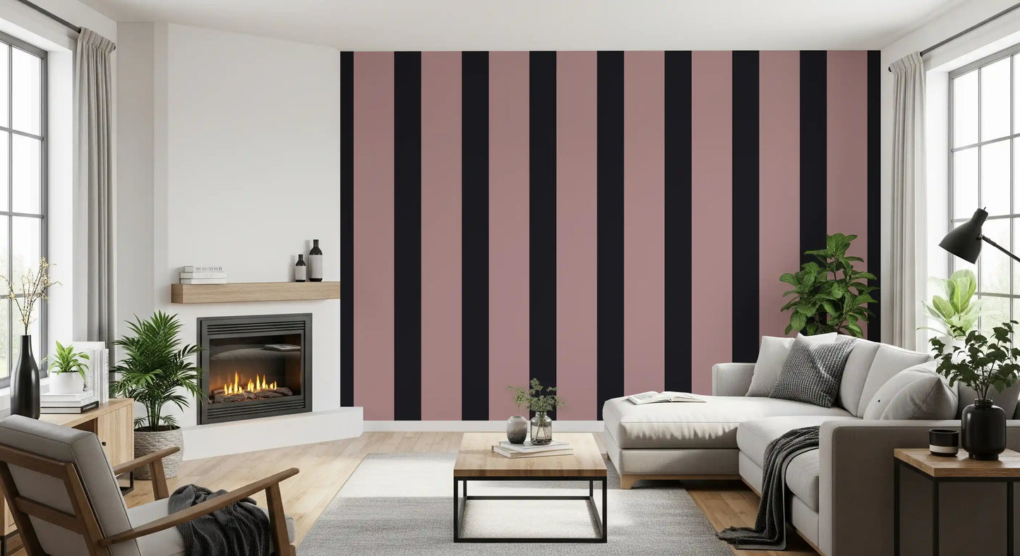 Papel pintado de rayas en gris carbón y rosa empolvado