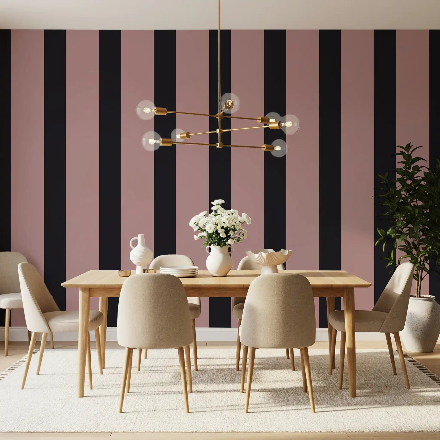 Papel pintado de rayas en gris carbón y rosa empolvado