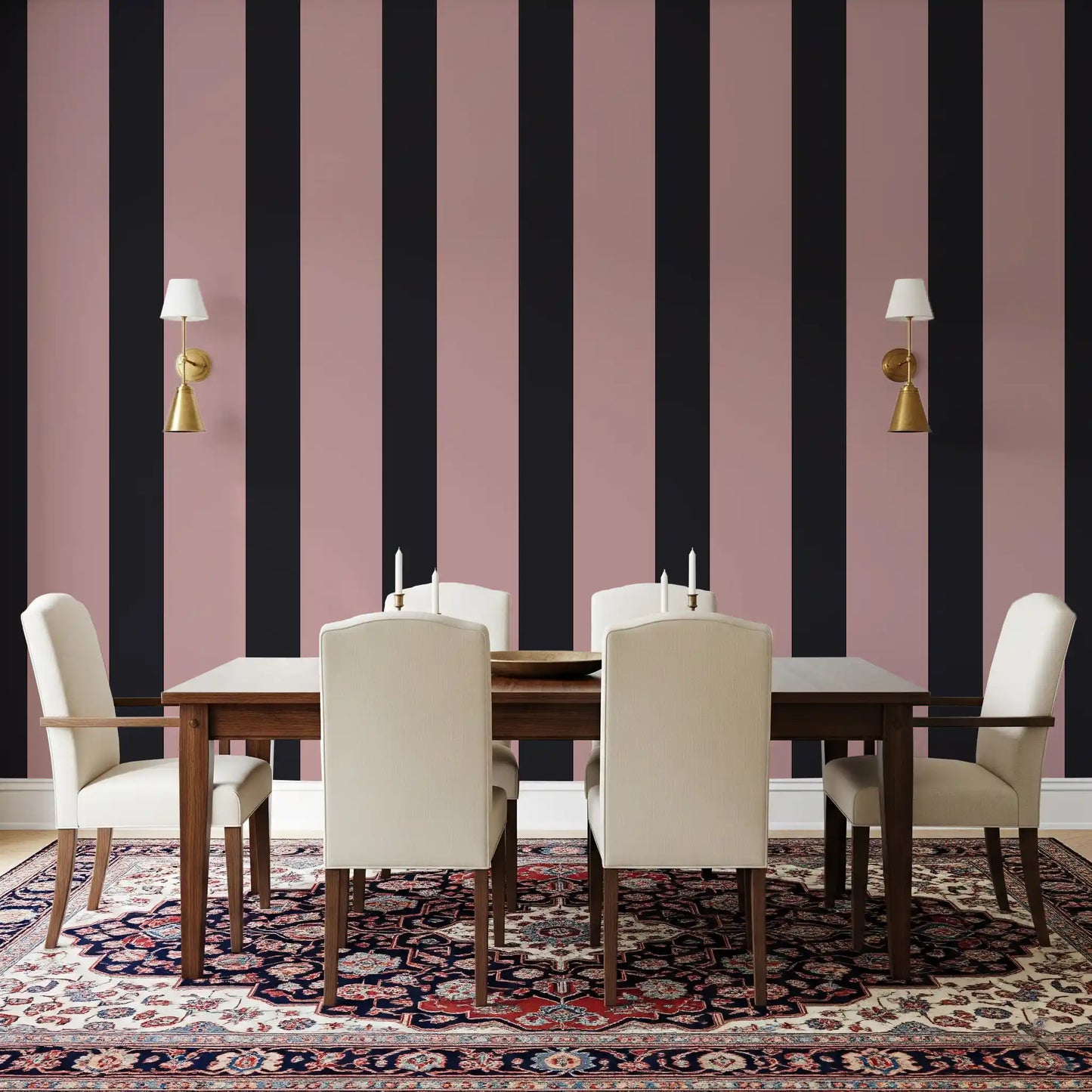 Papel pintado de rayas en gris carbón y rosa empolvado