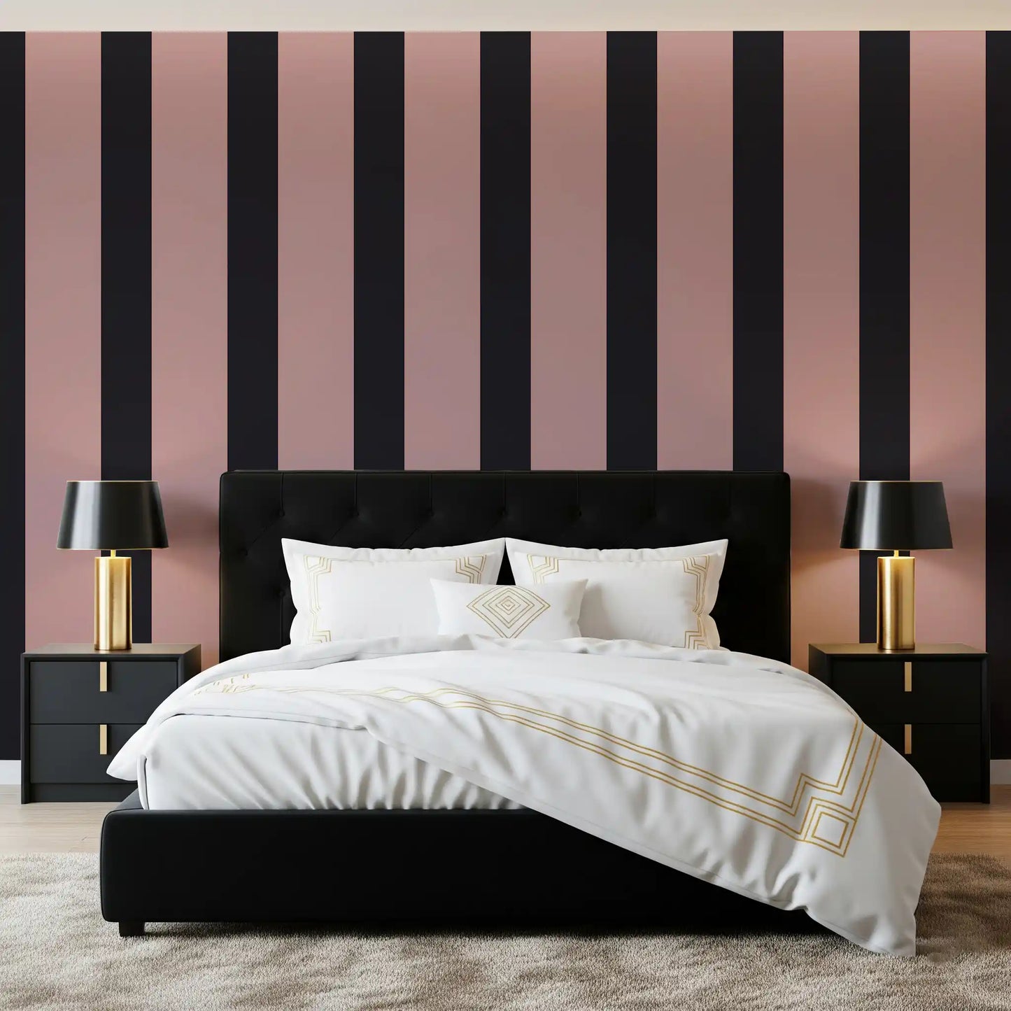 Papel pintado de rayas en gris carbón y rosa empolvado