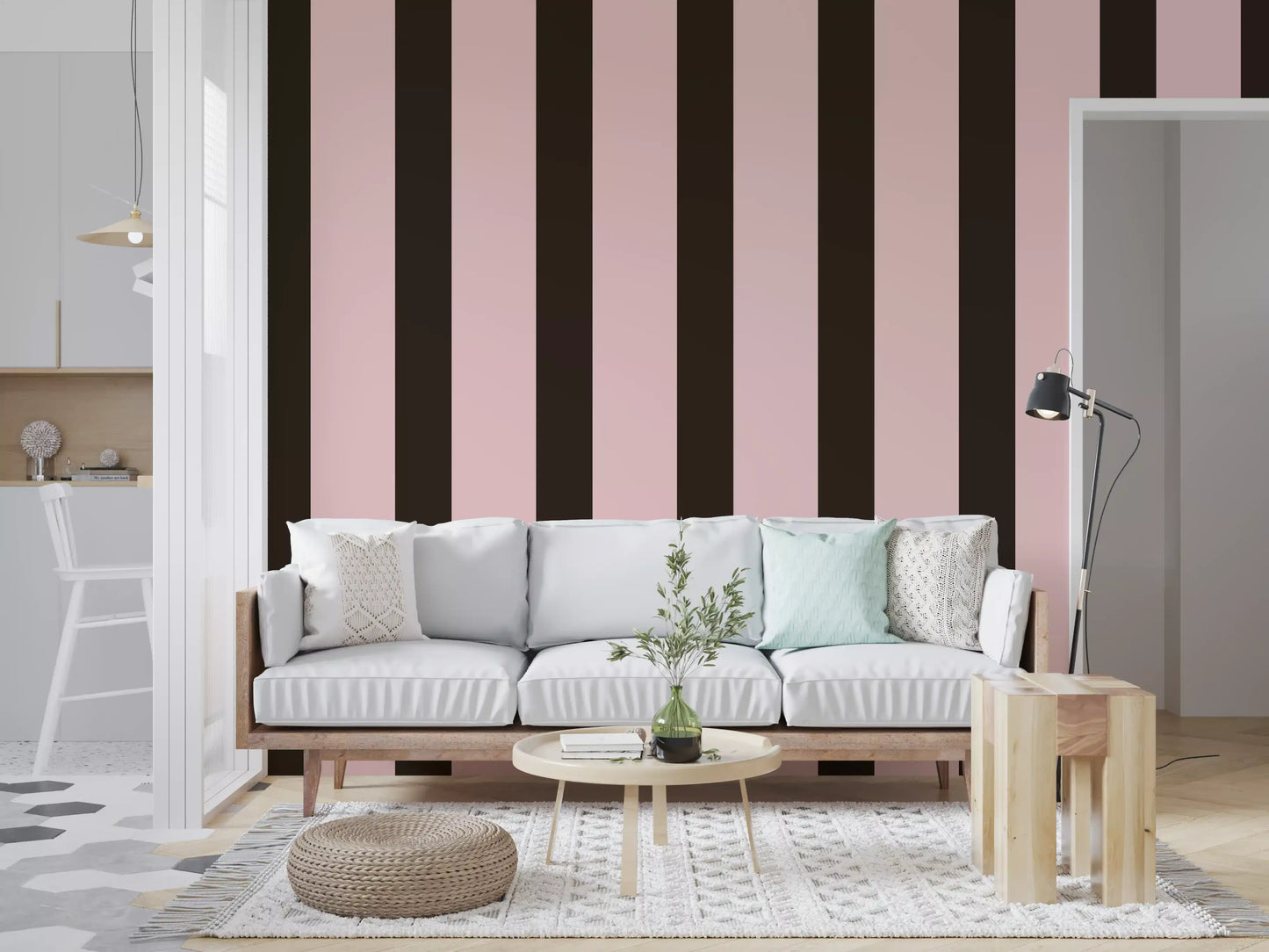 Tapet med stribet mønster i mokka og blush