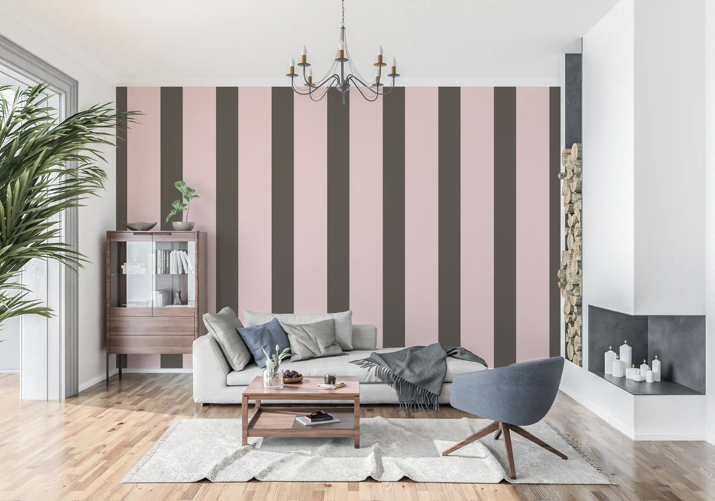 Tapet med stribet mønster i mokka og blush